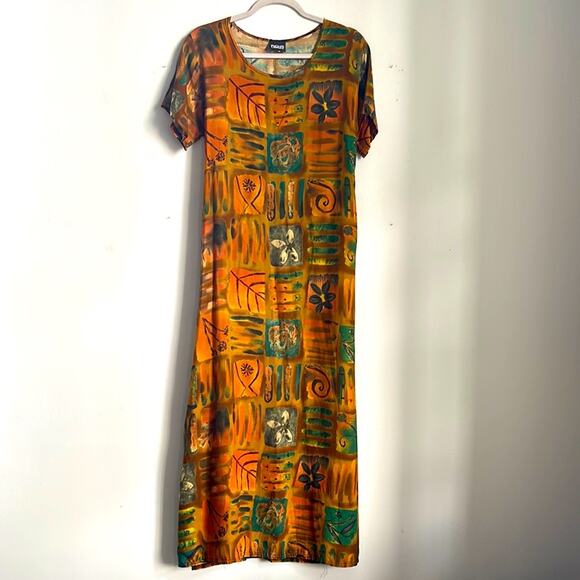 Vintage Dresses & Skirts - Vintage 90’s Y2K batik print tie back scoop neck shirt sleeve maxi dress sz M